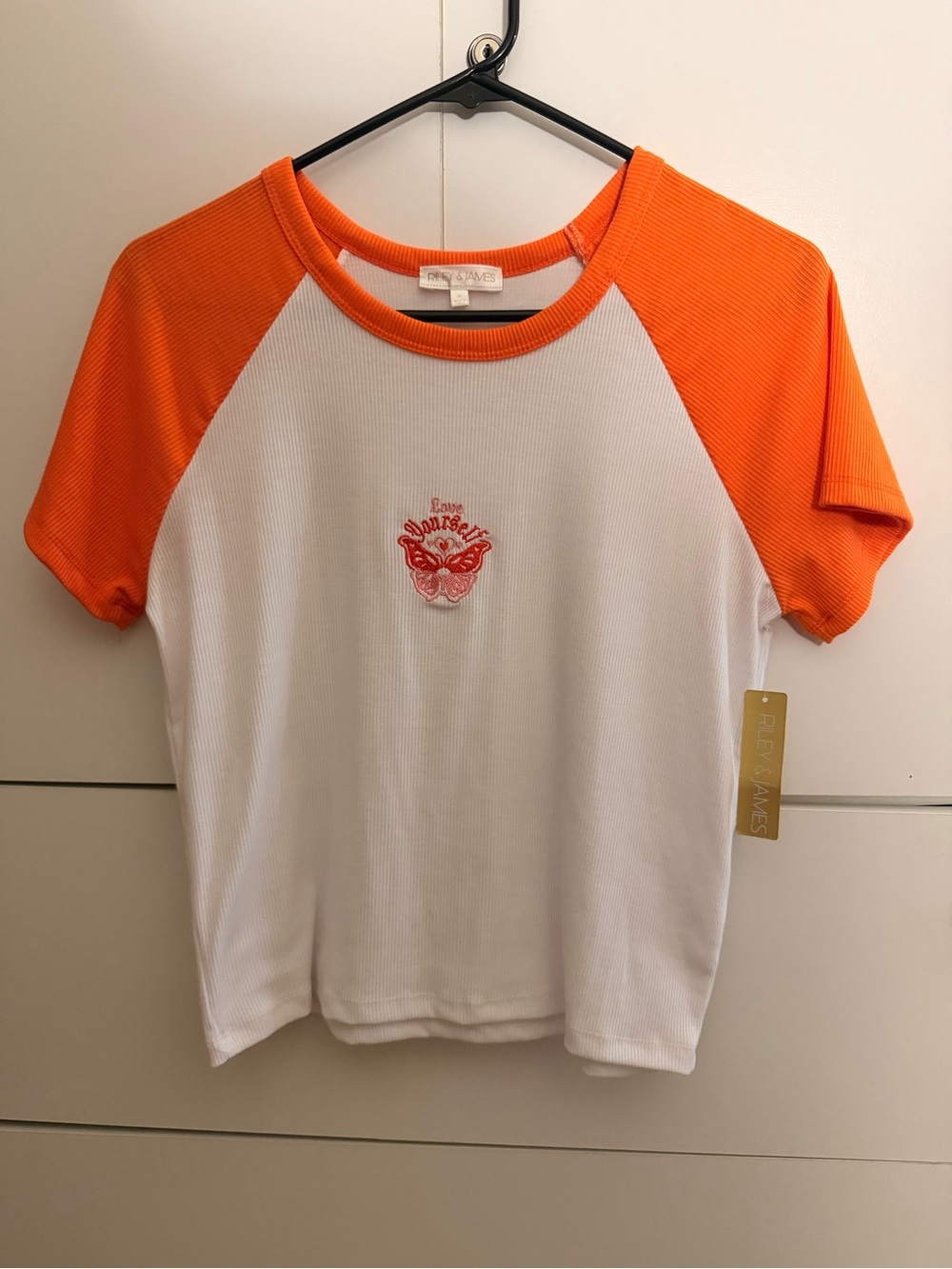 Women Orange & White Raglan Tee with Butterfly Embroidery size XL